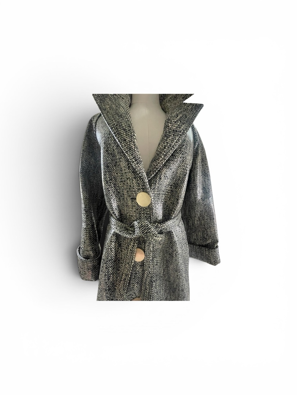LK Bennett Metallic Tweed Belted Coat Gold Buttons US 2 - Picture 2 of 8